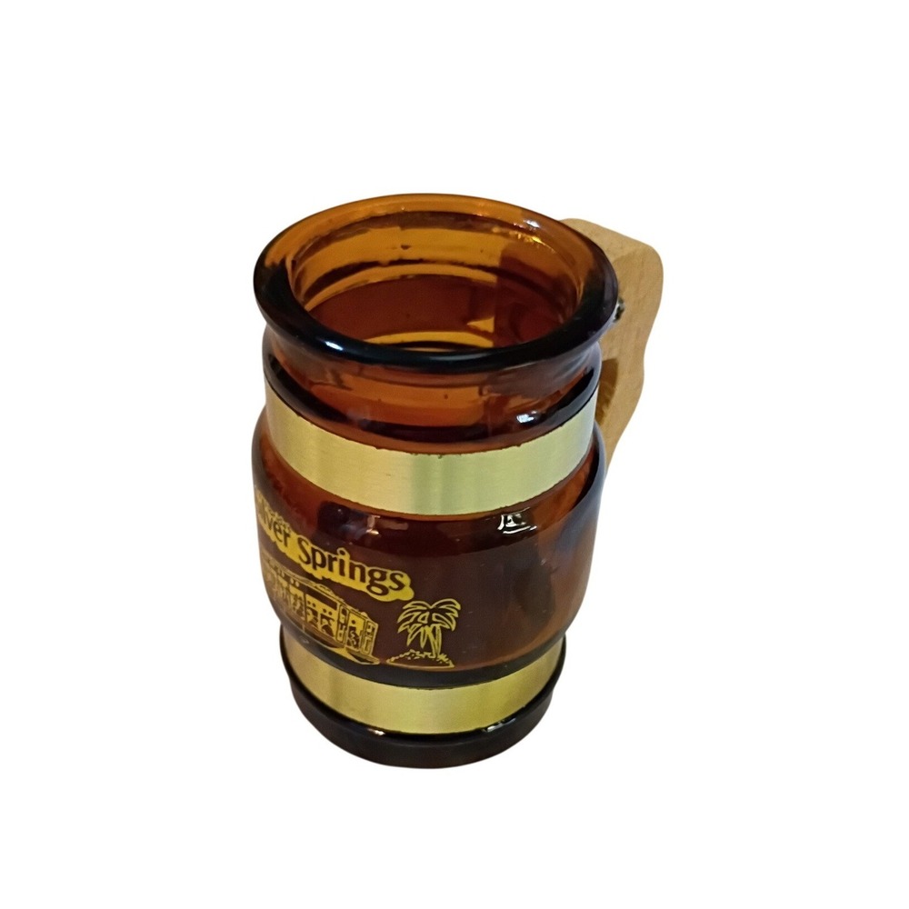 Vintage‎ Silver Springs Florida Amber Glass Barrel Shot Glass Wooden Handle 651